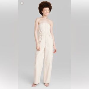Wild Fable White Denim Strapless Wide Leg Cargo Jumpsuit Small